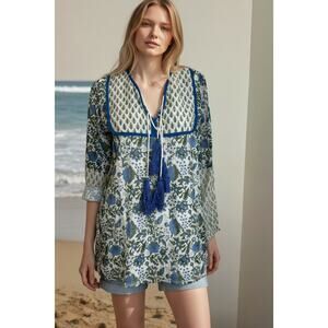 SZ Boho Floral Tunic Blouse Silk Cotton Tassel Tie Blue Green Block Print Size S